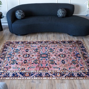 Pink Floral Persian Area Rug for Living Room 5x8, Blue Moroccan Rug, Entry Hallway Rug, Kitchen Runner Rug 3x5, Decorative Rug, Washable Rug