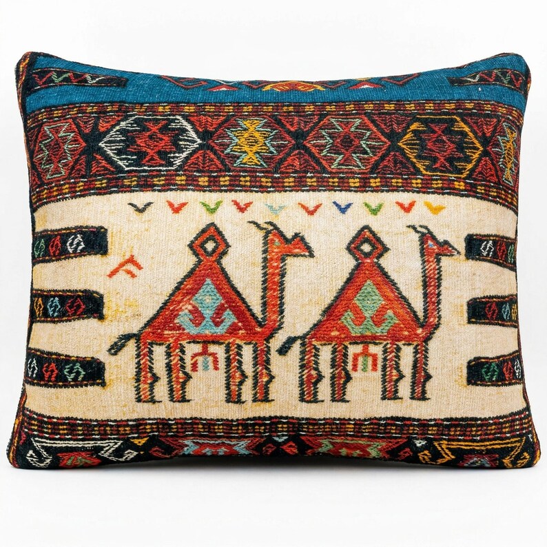 May include: Rectangular decorative pillow with a cream-colored background and a vibrant, patterned design. The pillow features two stylized camels in red and orange, with a blue border and intricate geometric patterns in various colors.