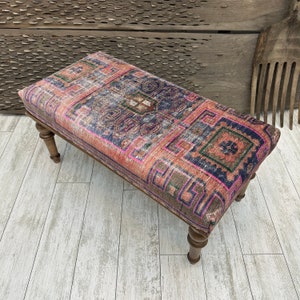 Pink Ottoman Bench, Handmade Wood Persian Rug Footstool Ottoman, Gifts for Her, Dining Bench, Turkish Rug Bench, Coffee Bench, Piano Bench