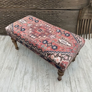 Handmade Wood Work Bench, Upholstered Ottoman Bench, Bedroom Bench, Dining Bench, Pink Turkish Rug Bench 18x18x36&quot;,Sitting bench,Piano Bench