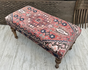 Handmade Wood Work Bench, Upholstered Ottoman Bench, Bedroom Bench, Dining Bench, Pink Turkish Rug Bench 18x18x36",Sitting bench,Piano Bench