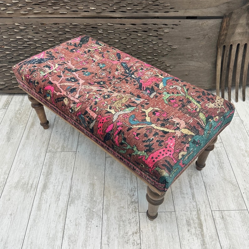 Pink Animal Print Ottoman Bench, Rug Upholstered Bench, Decorative Livingroom Bedroom Dining Entryrway Footstool, 18x18x48" Bohemian Bench