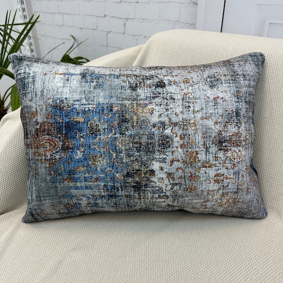 Decorative Throw Pillow, 16x24 Kilim Pillow Cover, Boho Chic Pillow, Couch Sofa Pillow, Euro Pillow, Blue Vintage Rug Pillow, Gifts For Her