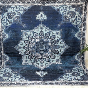 Blauer orientalischer quadratischer Teppich 10x10, waschbarer türkischer Teppich, übergroßer blauer Teppich, Wohnzimmerteppich, Boho Teppich Esszimmerteppich
