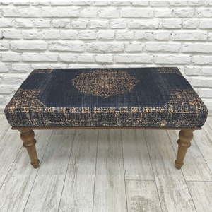 Blue Rug Upholstered Ottoman Bench 48&quot;, Boho Entryway Bench, Dining Bench, Piano Bench, Footstool Ottoman, Wooden Farmhouse Livingroom Bench