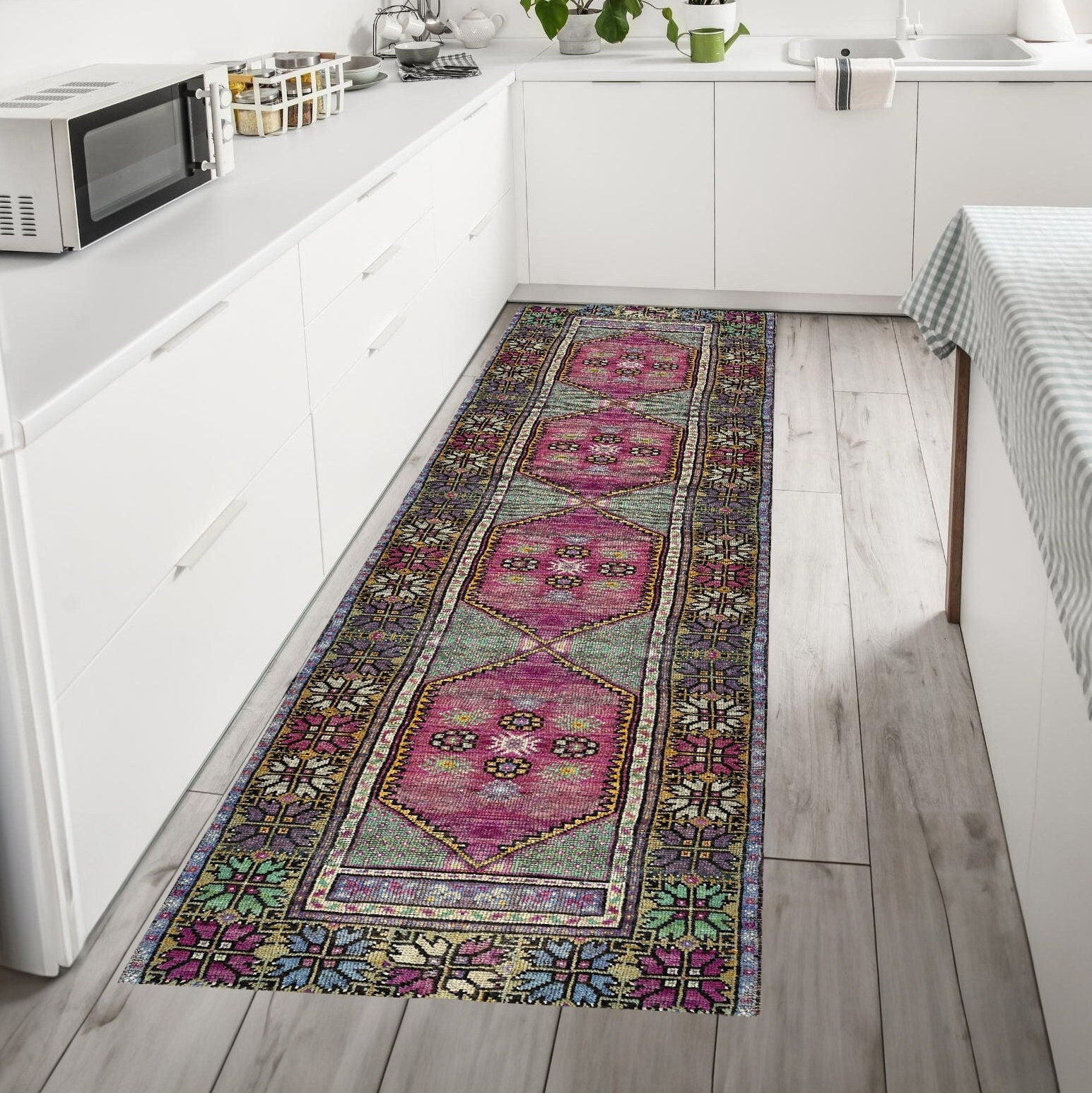 Pink Floral Persian Runner Rug 3x12, Boho Kitchen Stair Entryway Rug 2x13, Turkish Runner Rug, Moroccan Afghan Runner Rug, Washable Rug 3x9