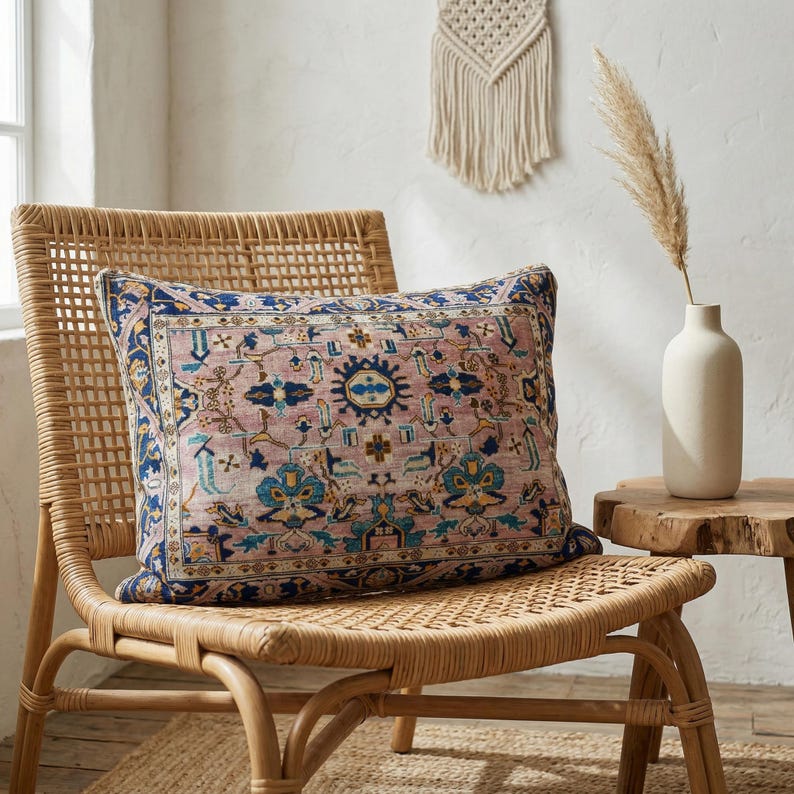 May include: A decorative pillow with a vintage rug design in shades of pink, blue, and yellow rests on a wicker chair. The pillow features an intricate pattern with floral and geometric elements. The chair is made of light brown wicker.