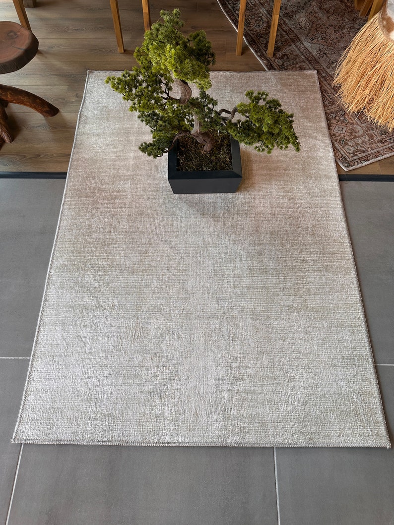 Beige sliten skandinavisk matta 5x8, tvättbar halkfri matta, turkisk matta 4x6, köksmatta, vardagsrumsmatta, sovrumsmatta, naturlig matta bild 8