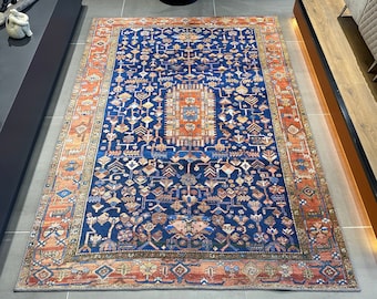 Blue  Area Rug 5x8, Boho Decorative Turkish Rug 6x9, Orange Floral Moroccan Rug, Washable Kitchen Rug 4x6, Afghan Rug, Livingroom Rug
