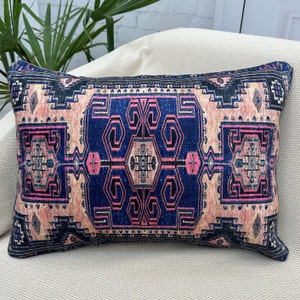 Pink Blue Pillow, Turkish Rug Pillow, Oriental Pillow, Throw Pillow 16x24&quot;, Decorative Pillow, Ethnic Vintage Boho Pillow, Gifts For Her