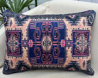 Cuscino rosa e blu, cuscino con tappeto turco, cuscino orientale, cuscino decorativo 16x24", cuscino decorativo, cuscino etnico vintage boho, regali per lei