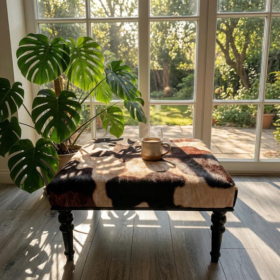 Cowhide Coffee Table Ottoman 32x32, Square Upholstered Bench, Entry Footstool, Side Table Bench, Bedroom Seat, Boho Decor Furniture