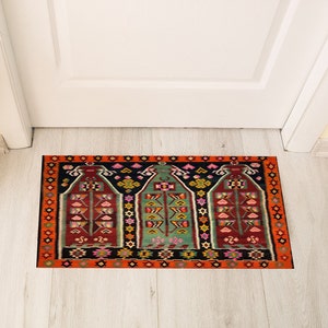 2x3 Turkish Doormat Rug, Colorful Entryway Doormat Rug, Ethnic Kilim Doormat Rug, 1.5x2.5 Small Runner Rug, Bath Mat, Washable Bathroom Rug