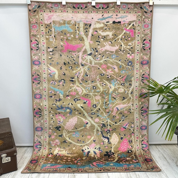 Tapis vert à imprimé animal 120 x 180 cm, tapis turc lavable, tapis Oushak, tapis de cuisine, tapis de salon 4 x 6, tapis marocain de chambre à coucher