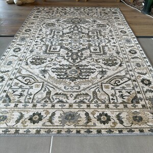 May include: A beige area rug with a detailed, intricate pattern in shades of brown, gray, and black. The rug has a woven texture and a fringed edge.