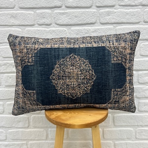 Boho Pillow, Blue Turkish Rug Pillow, Throw Pillow Cover, Decorative Lumbar Pillow, Cotton Pillow, Euro Sham, Vintage Kilim Pillow 16x24