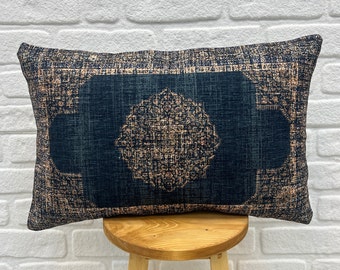 Boho Pillow, Blue Turkish Rug Pillow, Throw Pillow Cover, Decorative Lumbar Pillow, Cotton Pillow, Euro Sham, Vintage Kilim Pillow 16x24