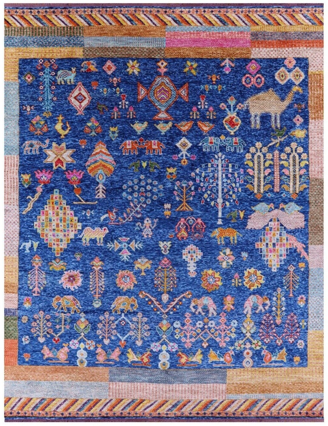 Blue Animal Print Moroccan Rug, Colorful Persian Area Rug, Animal