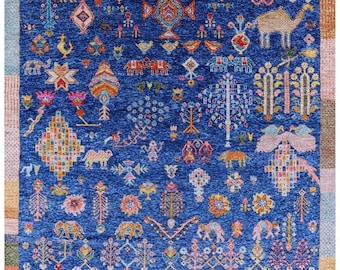Blue Animal Print Moroccan Rug, Colorful Persian Area Rug, Animal Pattern Area Rug, Kids Room Rug, Boho Kitchen Rug, Decorative Washable Rug