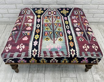Boho Upholstered Ottoman Coffee Table Bench 32x32", Square Side Middle Table, Handmade Farmhouse Decor Livingroom Bench, Kilim Rug Bench