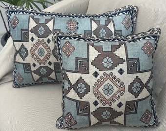 Turkish Kilim Rug Pillow, Throw Pillow Cover, Blue Minth Handmade Cushion Cover, Washable Couch Sofa Pillow Case, Boho Lumbar Pillow 16x24"