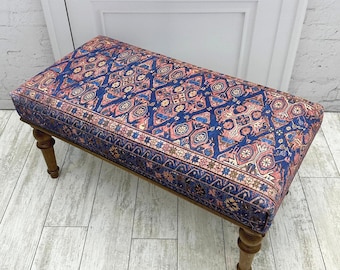 Rug Upholstered Ottoman Bench 18x48", Boho Farmhouse Entry Bench, Aztec Kilim Bench, Piano Stool, Kitchen Dining Bench, Ottoman Coffee Table