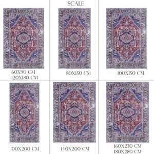 K&ouml;nnte beinhalten: Eine Skala, die sechs verschiedene Gr&ouml;&szlig;en eines roten, blauen und wei&szlig;en gemusterten Teppichs zeigt. Der Teppich hat ein geometrisches Muster mit einem zentralen Medaillon. Die Gr&ouml;&szlig;en sind 60x90 cm, 120x180 cm, 80x150 cm, 100x150 cm, 100x200 cm, 140x200 cm, 160x230 cm und 180x280 cm.