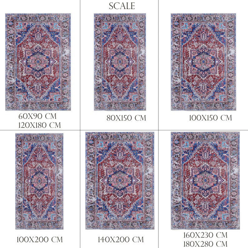 K&ouml;nnte beinhalten: Eine Skala, die sechs verschiedene Gr&ouml;&szlig;en eines roten, blauen und wei&szlig;en gemusterten Teppichs zeigt. Der Teppich hat ein geometrisches Muster mit einem zentralen Medaillon. Die Gr&ouml;&szlig;en sind 60x90 cm, 120x180 cm, 80x150 cm, 100x150 cm, 100x200 cm, 140x200 cm, 160x230 cm und 180x280 cm.