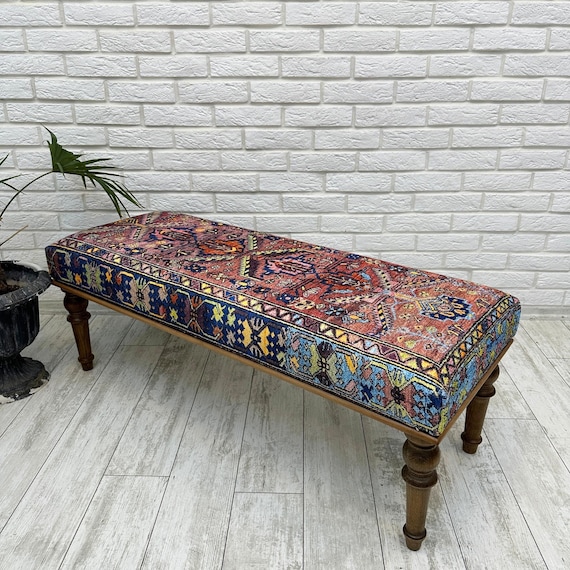 Ottoman Bench, Southwestern Bench, Piano Bench, End of Bed Bench, Bohemian Bench, Turkish Rug Upholstered Bench, Farmhouse Bench, 18x18x48"