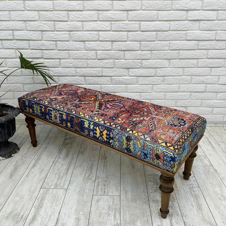 Ottoman Bench, Southwestern Bench, Piano Bench, End of Bed Bench, Bohemian Bench, Turkish Rug Upholstered Bench, Farmhouse Bench, 18x18x48"