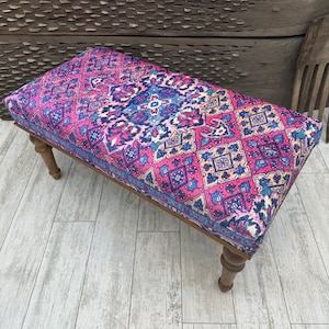 Pink Boho Footstool Ottoman Bench, Bohemian Eclectic Bench, Geometric Dining Bench, Kilim Rug Upholstered Bench, Bedroom Bench, Piano Bench