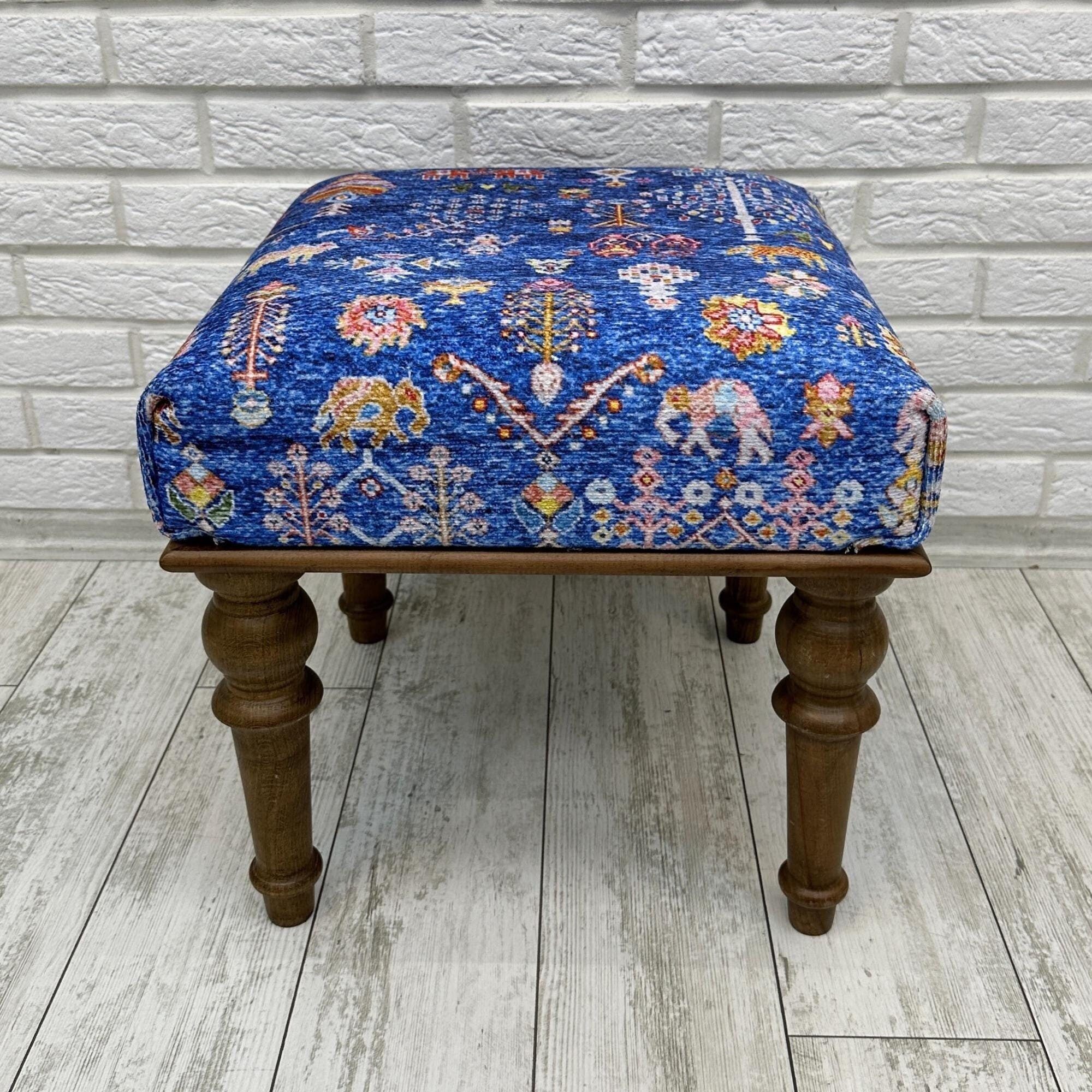 Small bench 18x18", Square Ottoman Bench, Entryway Footstool, Blue Animal Print Moroccan Rug Upholstered Bench, Boho Farmhouse Ethnic Bench