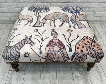 Boho Square Ottoman Coffee Table Bench 32x32" 36x36" 40x40", Beige Animal Print Mosaic Pattern Upholstered Bench, Entryway Footstool 18x18"