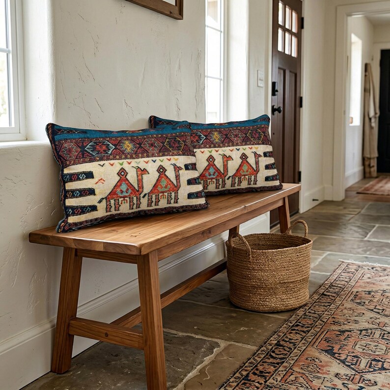 May include: Two rectangular throw pillows with a camel design rest on a wooden bench. The pillows have a cream background with a camel motif in red, orange, and blue. The bench is made of light brown wood, and a woven basket sits below.