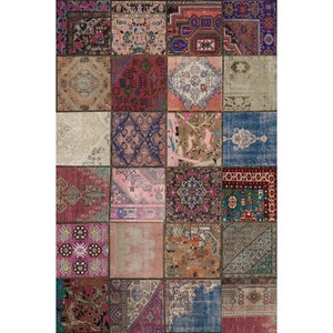 May include: A patchwork rug with a variety of colorful patterns and designs. The rug is made up of many different squares, each with a unique design. The colors in the rug include red, blue, green, pink, and brown.