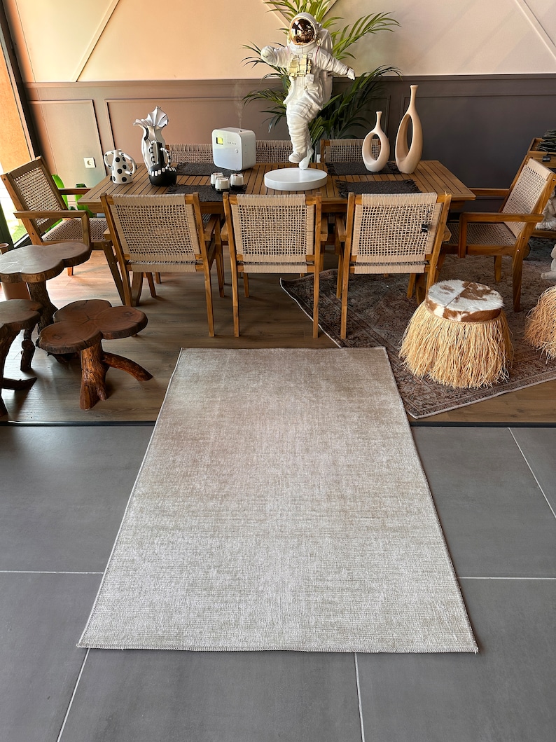 Beige sliten skandinavisk matta 5x8, tvättbar halkfri matta, turkisk matta 4x6, köksmatta, vardagsrumsmatta, sovrumsmatta, naturlig matta bild 10