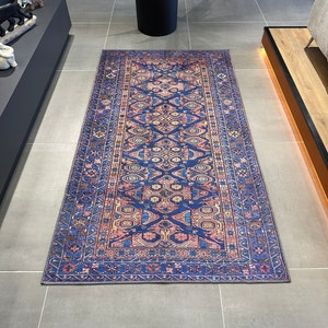 Blue Persian Runner Rug 3x8ft, Decorative Boho Carpet, Turkish Area Rug, Moroccan Rug, Kitchen Rug, Afghan Rug, Livingroom Rug, Pink Rug
