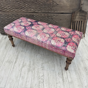 Rug Upholstered Footstool 18x36&quot;, Pink Ottoman Bench, Handmade Wood Bench, Entryway Bench, Boho Farmhouse Bench, Pink Decorative Long Bench