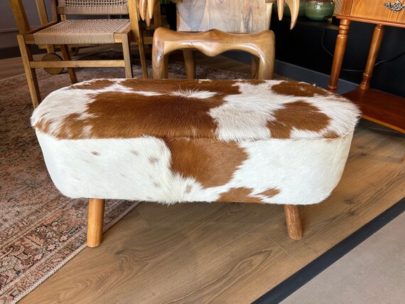 Handcrafted Cowhide Leather Ottoman Bench Luxurious Seating,Bohemian Home Decor Original Cow Leather Furniture,Handmade Decorative Footstool
