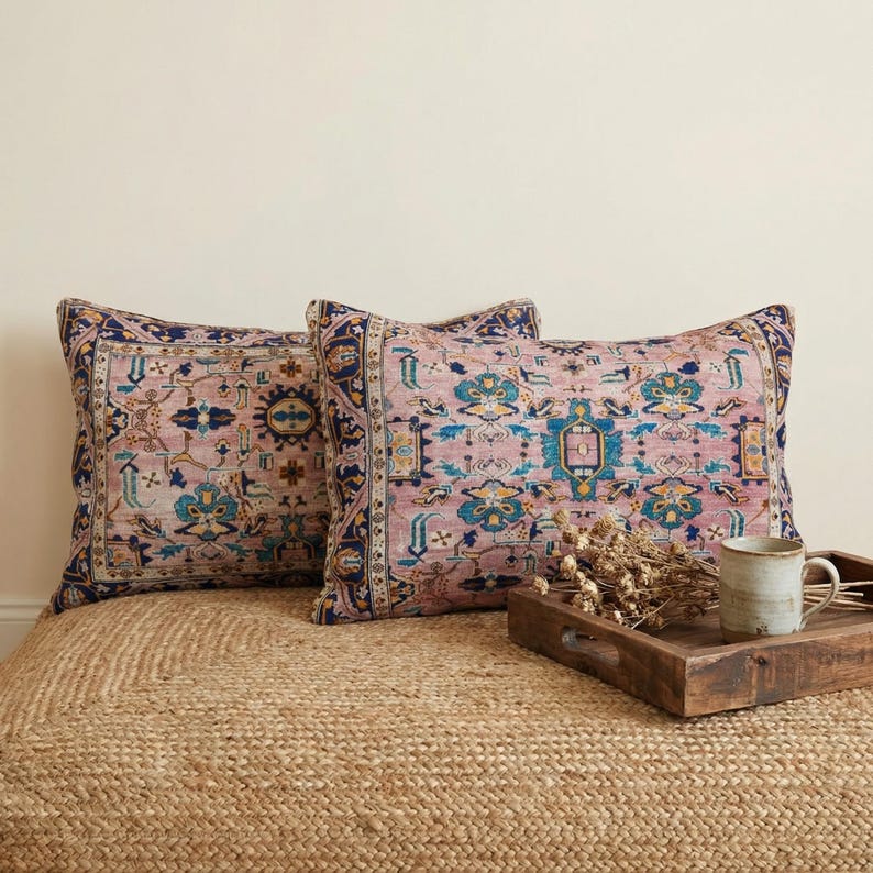 May include: Two decorative throw pillows with a vintage rug design in shades of pink, blue, and gold. The pillows are square and rest on a woven jute rug. A wooden tray with a mug and dried flowers sits nearby.