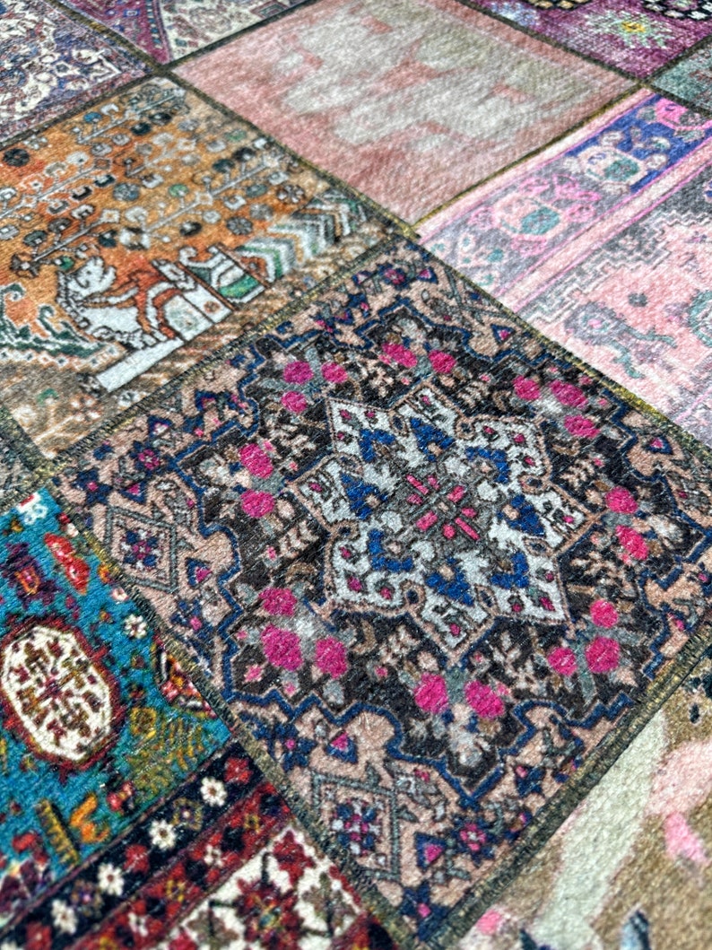 May include: A patchwork rug with a variety of colorful patterns and designs. The rug is made up of different pieces of fabric sewn together, creating a unique and eclectic look. The rug features a central medallion with a floral design, surrounded by geometric patterns and borders.