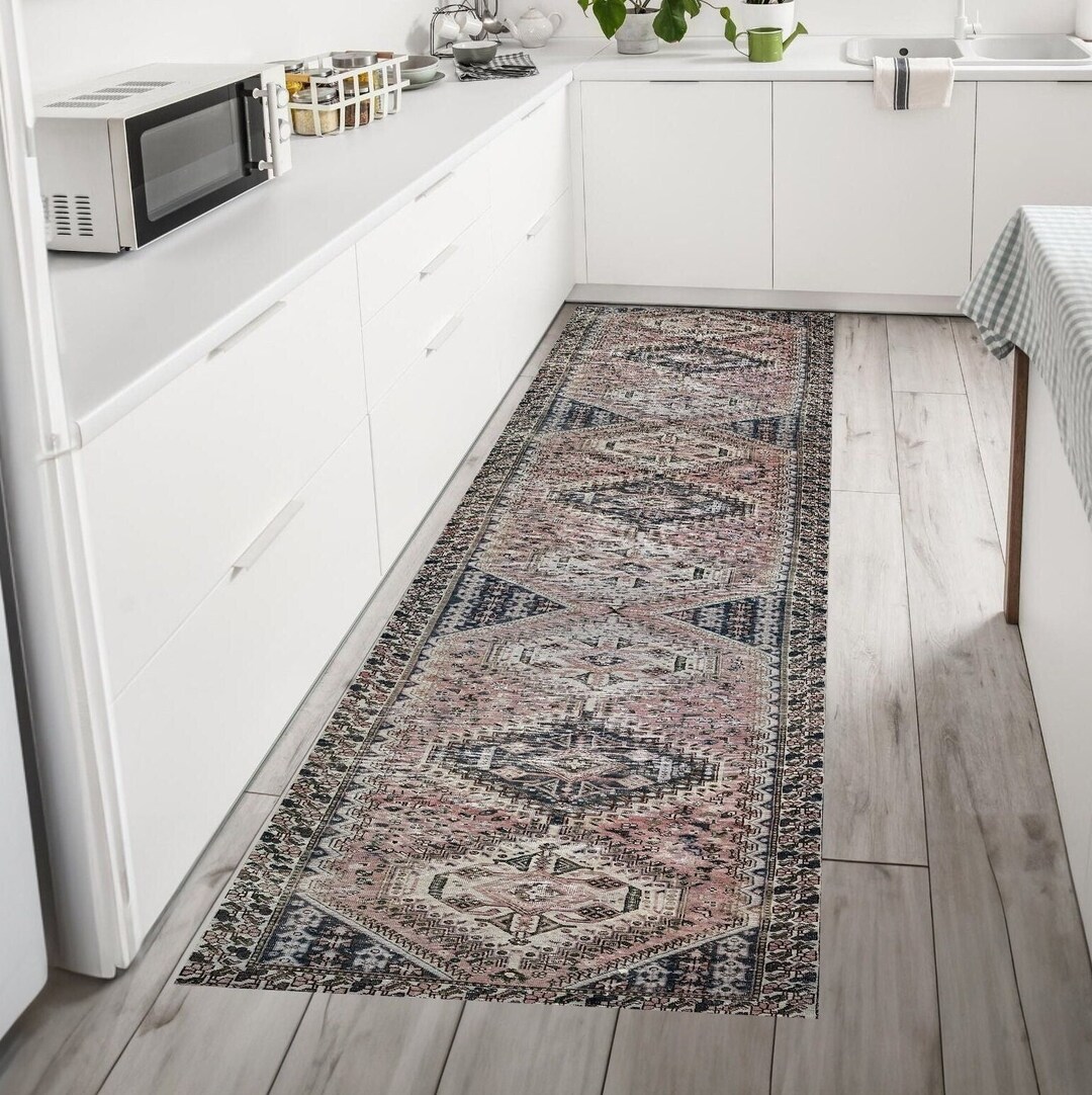Pale Runner Rug, Boho Kitchen Stair Entryway Rug 2x13, Pink Persian ...