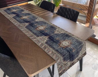 Blue Rug Style Table Runner, Ethnic Table Runner, Kitchen Table Runner, Rustic Table Runner, Boho Table Runner, Farmhouse Dining Table Decor