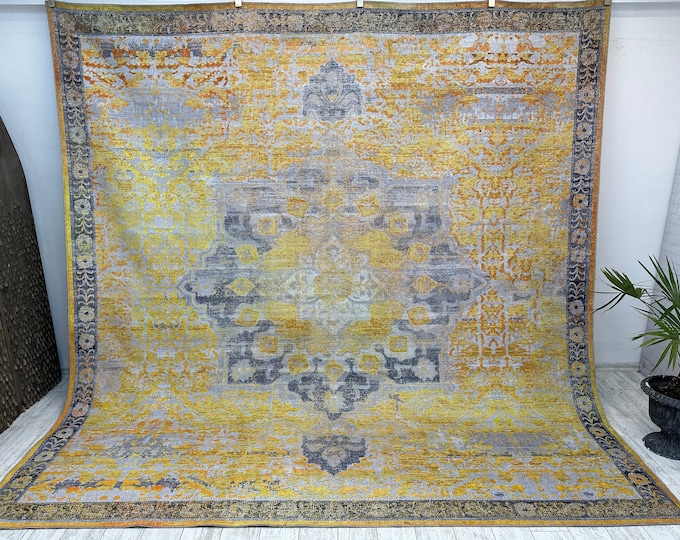 Square Pattern Extra Large Area Rug Yellow Square Persian Area Rug 10x10, Washable Turkish Area Rug ...