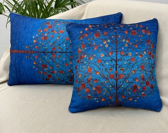 Boho Pillow, Blue Turkish Rug Pillow, Throw Pillow Cover, Decorative Lumbar Pillow, Cotton Pillow, Euro Sham, Vintage Kilim Pillow 16x24