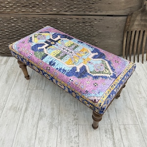 Upholstered Bench, Bench Cushion, Entry bench, Pink Rug Ottoman Bench 18x18x48&quot;, Handmade Wood Bench, Bedroom Bench, Livingroom Bench 18x48&quot;