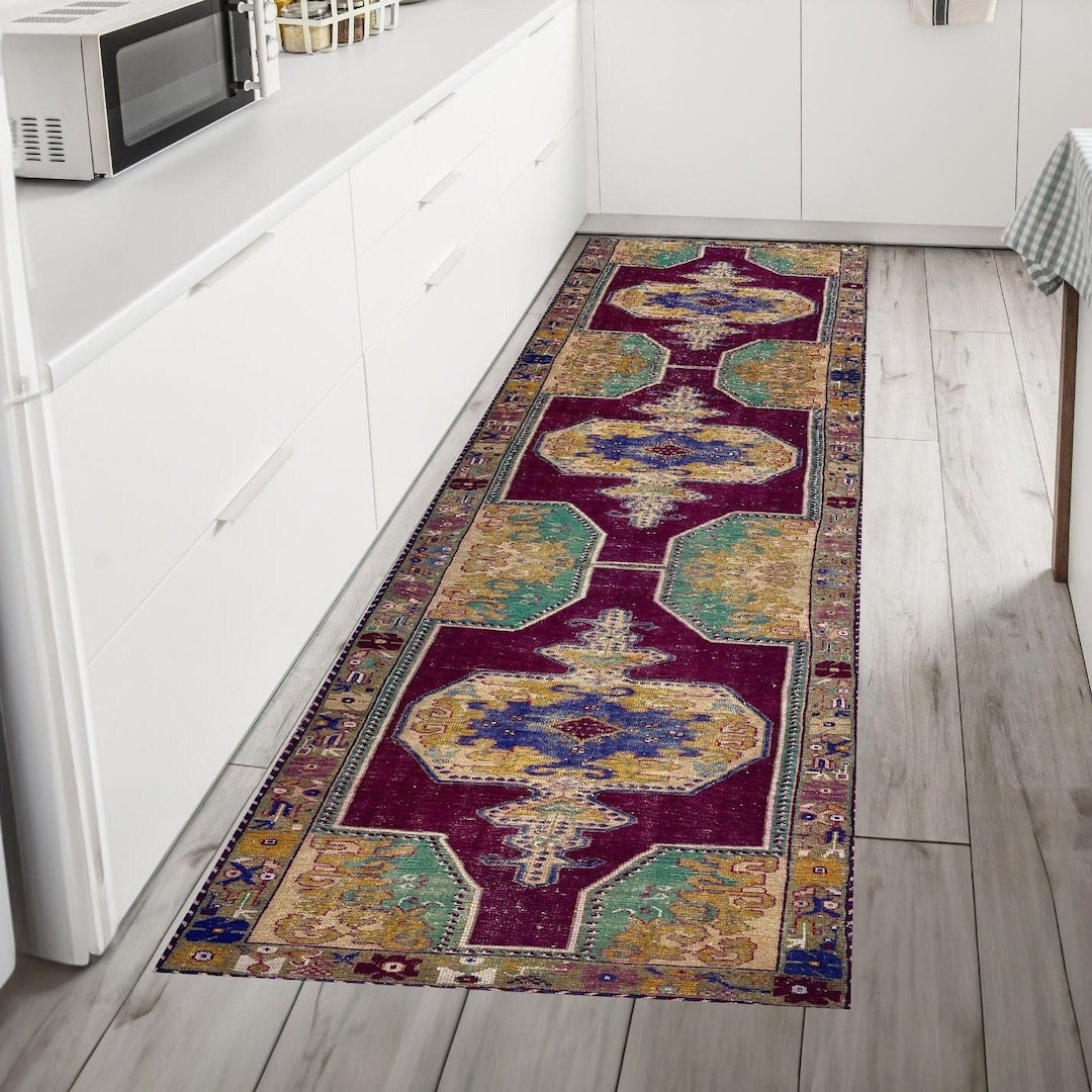 Boho Purple Kitchen Stair Entryway Hallway Turkish Oushak Long Runner ...