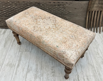 Beige Wood Bench, Piano Bench, Bohemian Bench, Boho Ottoman, Boho Ottoman Bench, Dining Table Bench,Ottoman, Turkish Rug Bench,18x18x36 inch