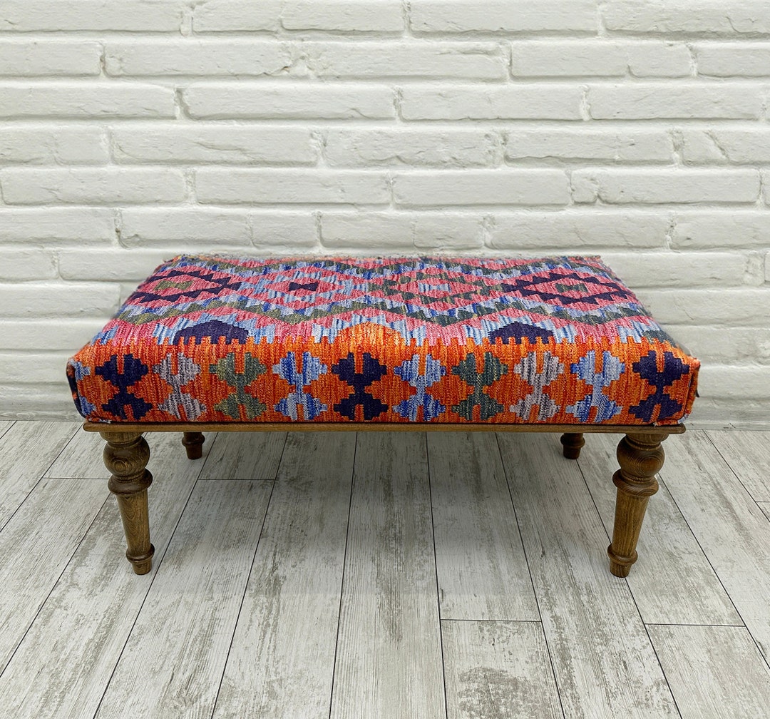 Kilim Rug Upholstered Ottoman Bench, Colorful Kilim Entry Footstool