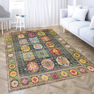 Green Area Rug 4x6, Washable Green Carpet, Decorative Turkish Rug, Rug for Livingroom, Bedroom Rug, Green Tapis, Bathmat, Persian Carpet